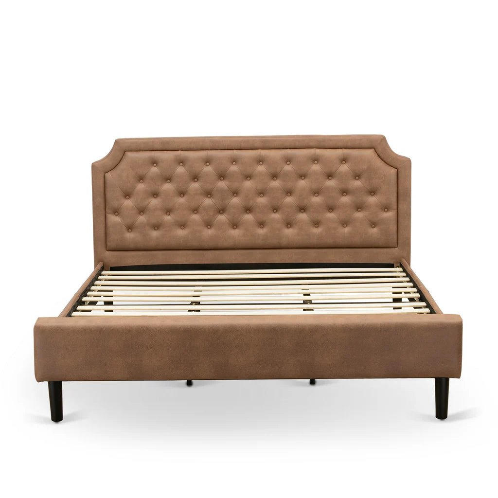 K King Size Bed - Brown Textured Upholstered Headboard, Footboard and Wood Rails, Slats - Wooden 9 Legs with Full Support King Bed - Black Finish