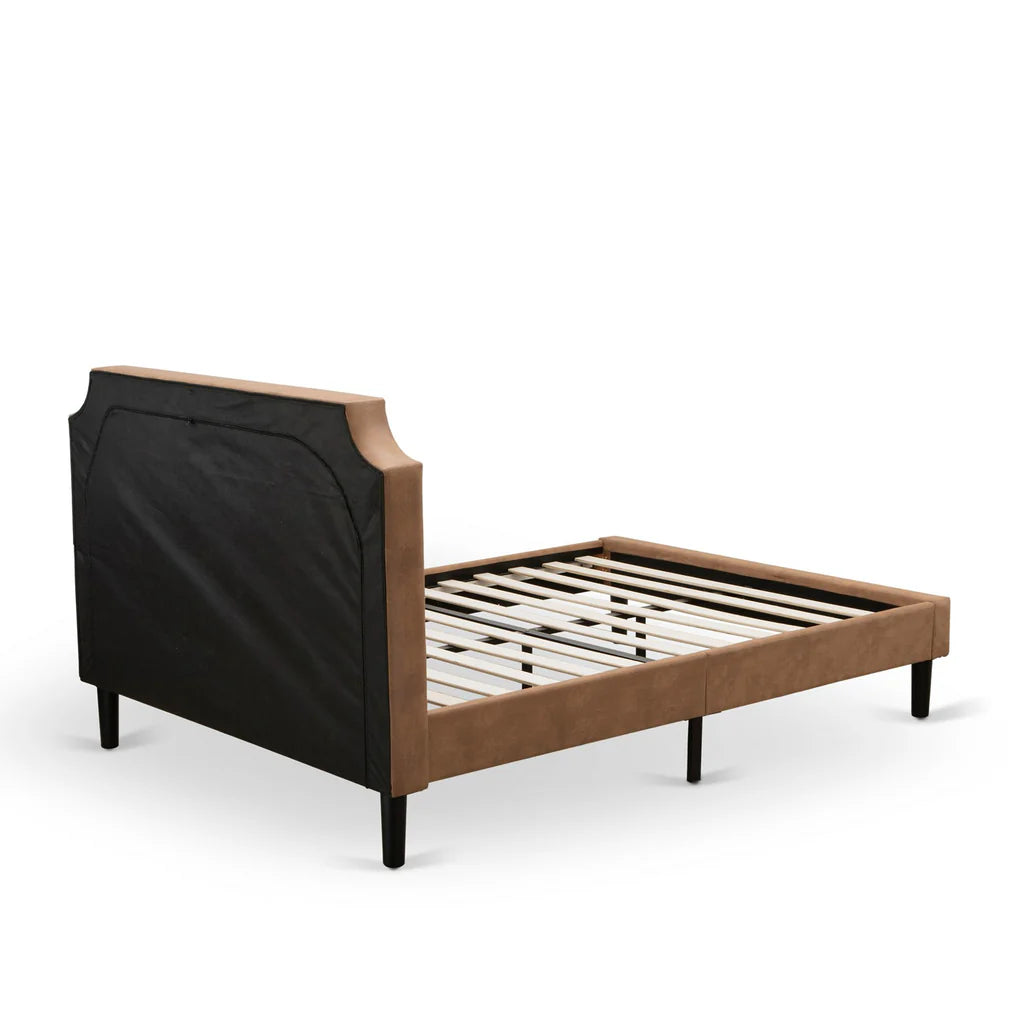 Granbury Queen Size Bed - Brown Textured Upholstered Headboard, Footboard and Wood Rails, Slats - Wooden 9 Legs with Full Support Modern Bed Frame - Black Finish