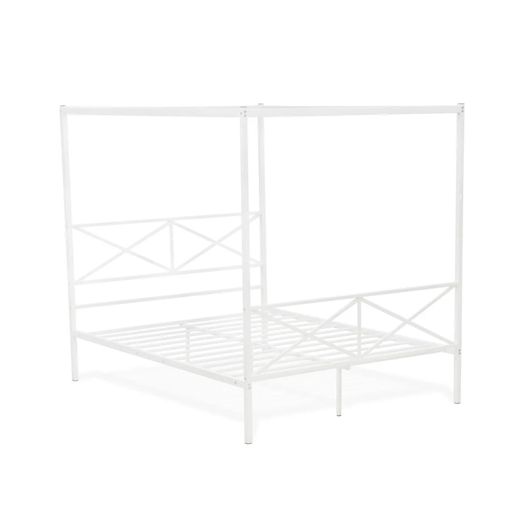 Glendale Queen Size Bed Frame with Modern Designed Headboard and Footboard - Canopy Metal Frame in Powder Coating White