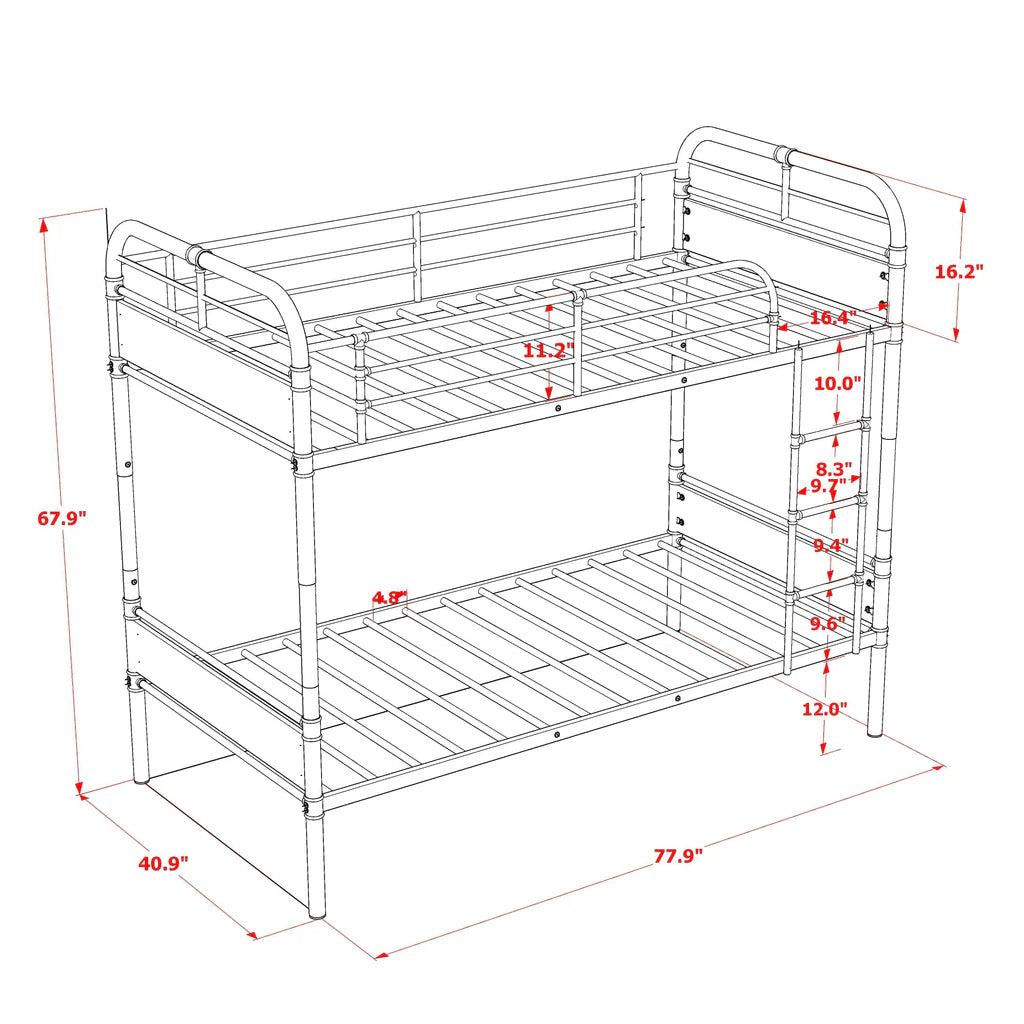 Hedley Bunk Bed Frame with 4 Metal Legs - Magnificent Twin Bed in Powder Coating Black Color and Weather Wood Laminate