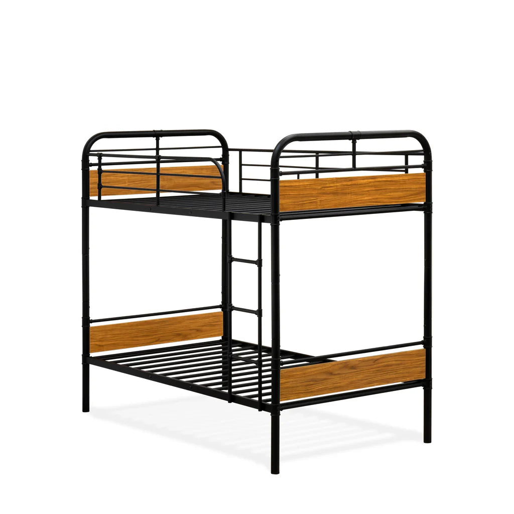 Hedley Bunk Bed Frame with 4 Metal Legs - Magnificent Twin Bed in Powder Coating Black Color and Weather Wood Laminate