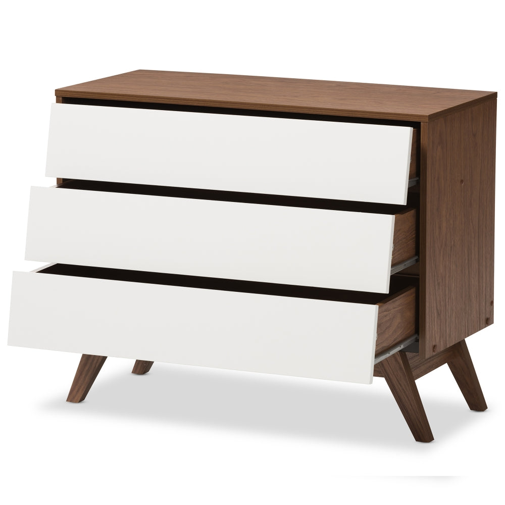 Hildon Mid-Century Modern White and Walnut Wood 3-Drawer Storage Chest