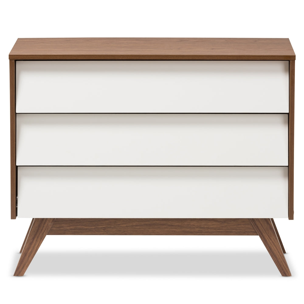 Hildon Mid-Century Modern White and Walnut Wood 3-Drawer Storage Chest