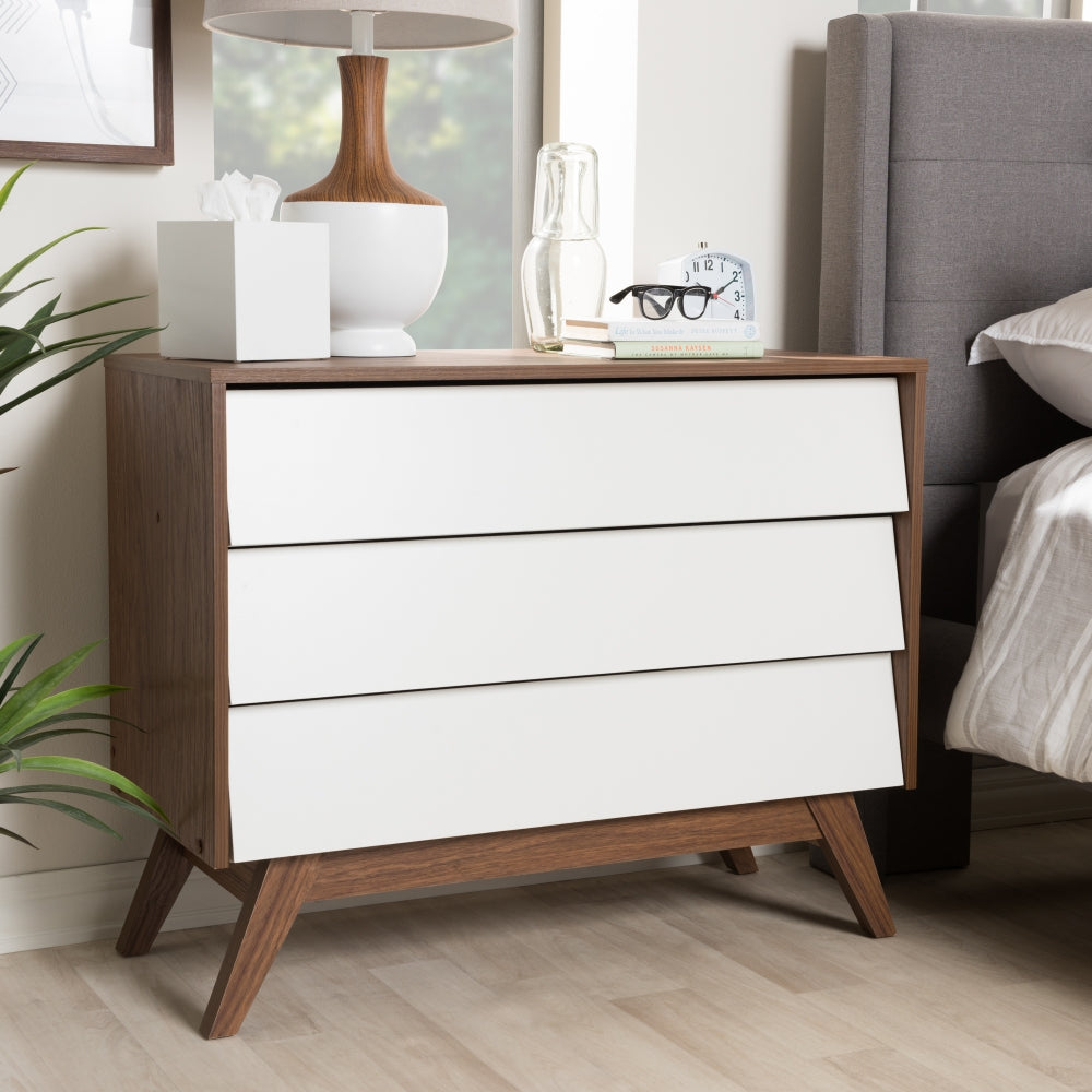Hildon Mid-Century Modern White and Walnut Wood 3-Drawer Storage Chest