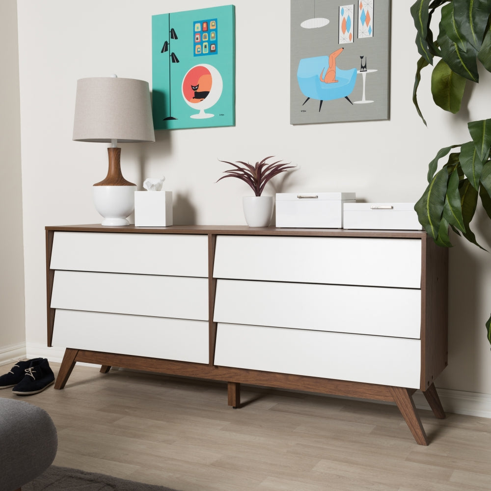 Hildon Mid-Century Modern White and Walnut Wood 6-Drawer Storage Dresser