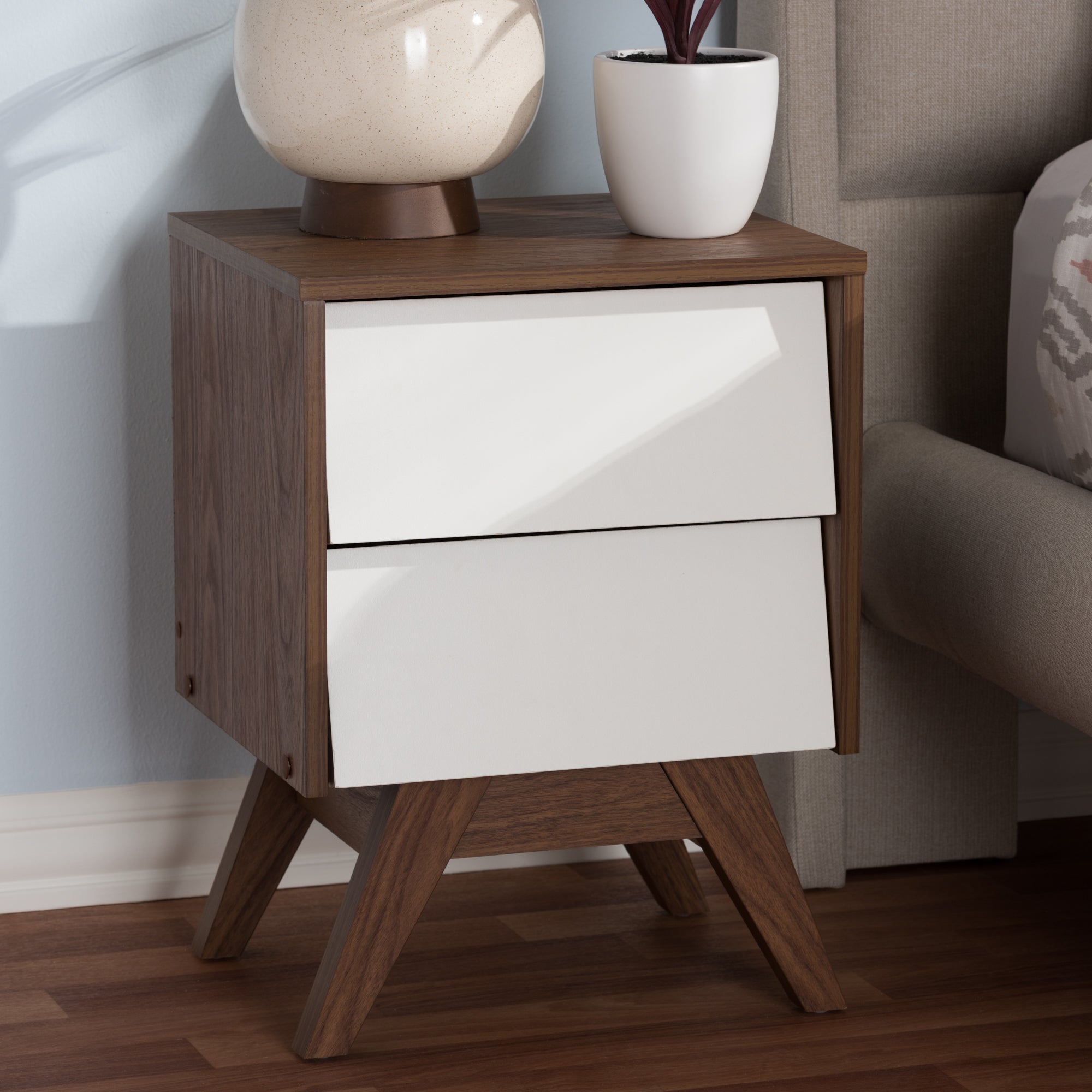Hildon Mid-Century Modern White and Walnut Wood 2-Drawer Storage Nightstand
