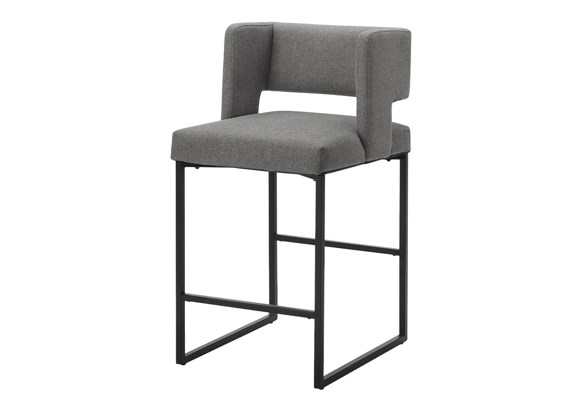 Barstool, Counter Height, Set Of 2, Kitchen, Grey Fabric, Black Metal, Contemporary, Modern