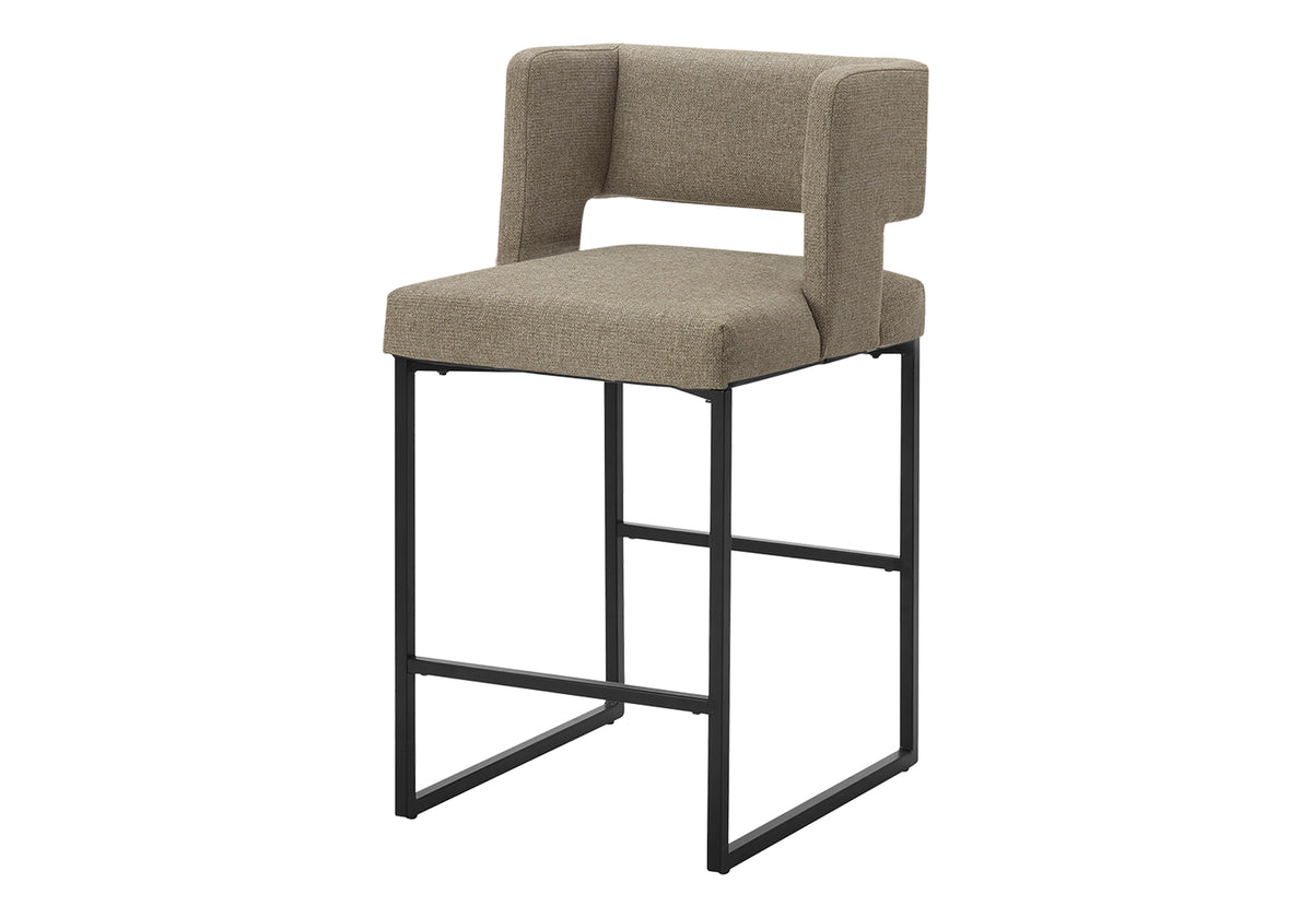 Barstool, Counter Height, Set Of 2, Kitchen, Brown Fabric, Black Metal, Contemporary, Modern