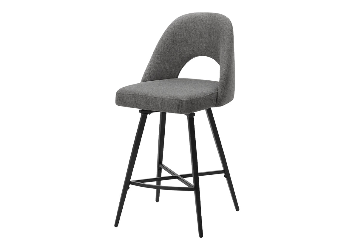 Barstool, 39" Height, Set Of 2, Counter Height, Swivel, Kitchen, Grey Fabric, Black Metal, Contemporary, Modern