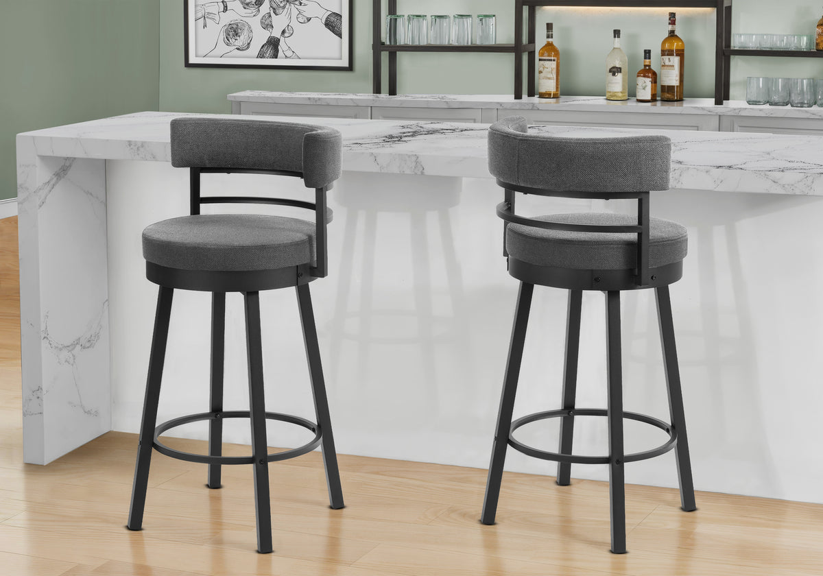Barstool, 39"" Height, Swivel, Bar Height, Set Of 2, Grey Fabric, Black Metal, Contemporary, Modern