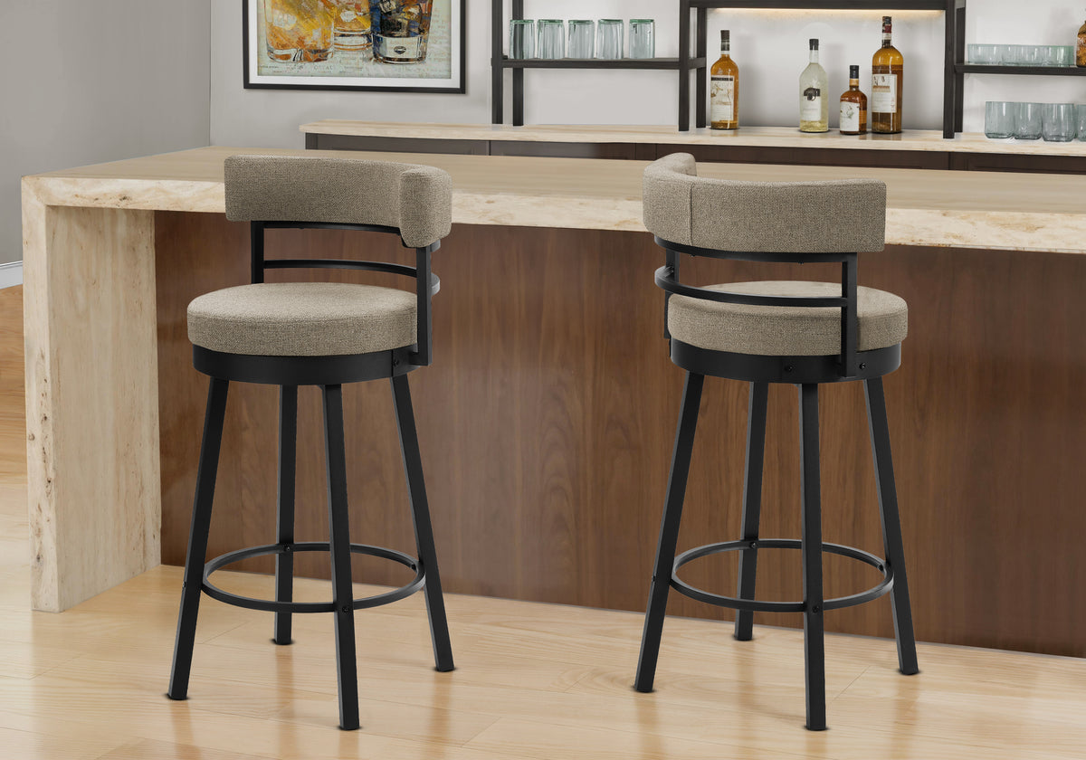 Barstool, 39"" Height, Swivel, Bar Height, Set Of 2, Beige Fabric, Black Metal, Contemporary