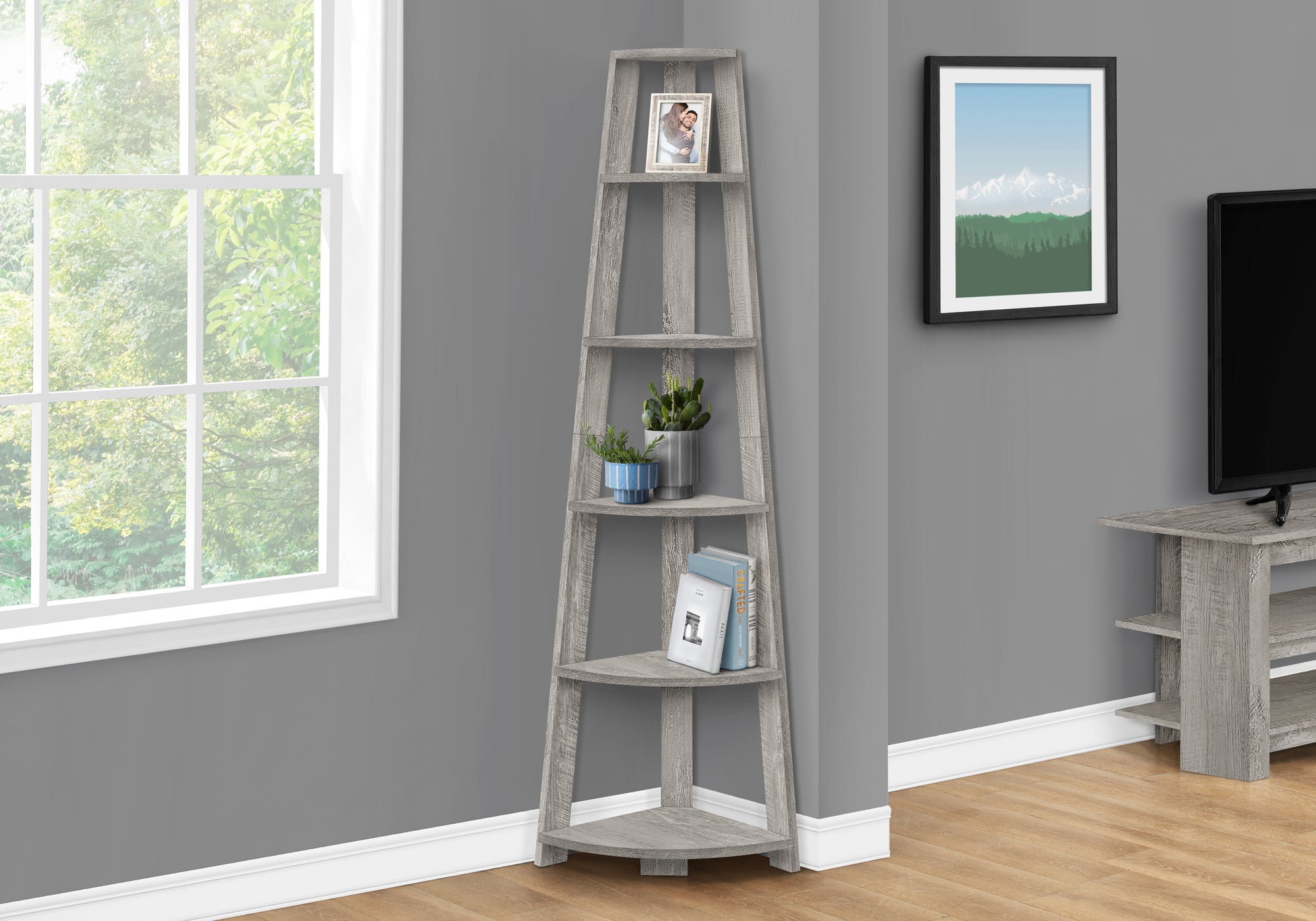 Crawford - Bookshelf Bookcase Etagere Corner 5 Tier 72"H Office Bedroom Grey
