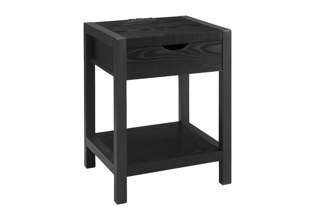 Accent Table, 24"H, 2 Tier, End, Side Table, Nightstand, Lamp, Storage Drawer, Black Oak Laminate, Black Metal, Contemporary