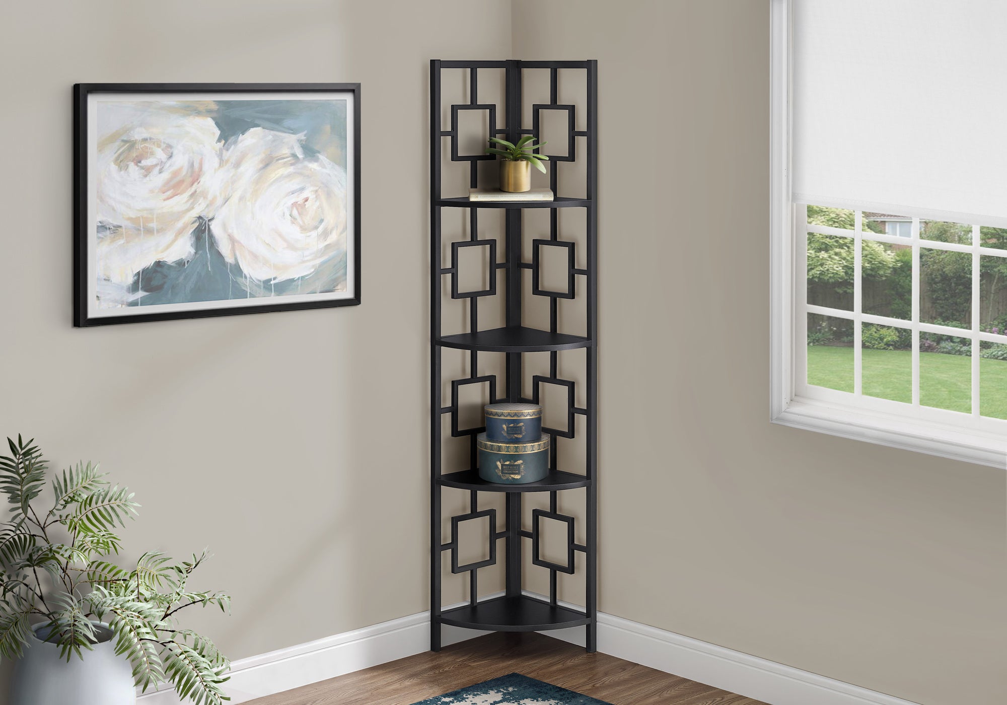 Lisen - Bookshelf Bookcase Etagere Corner 4 Tier 62"H Office Bedroom Black