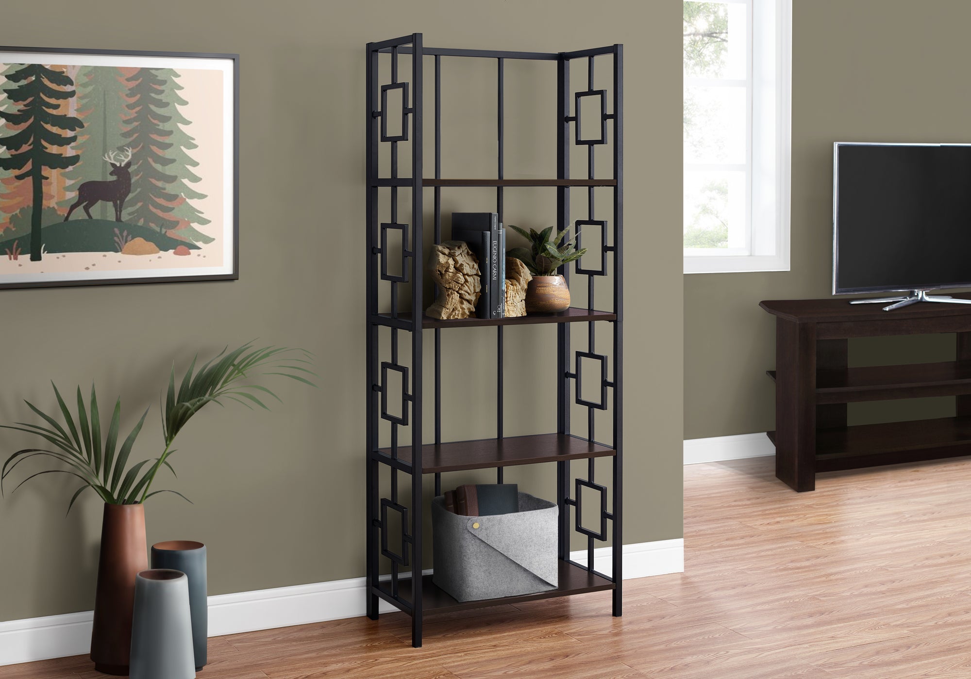 Aden - Bookshelf Bookcase Etagere 4 Tier 62"H Office Bedroom Brown Laminate