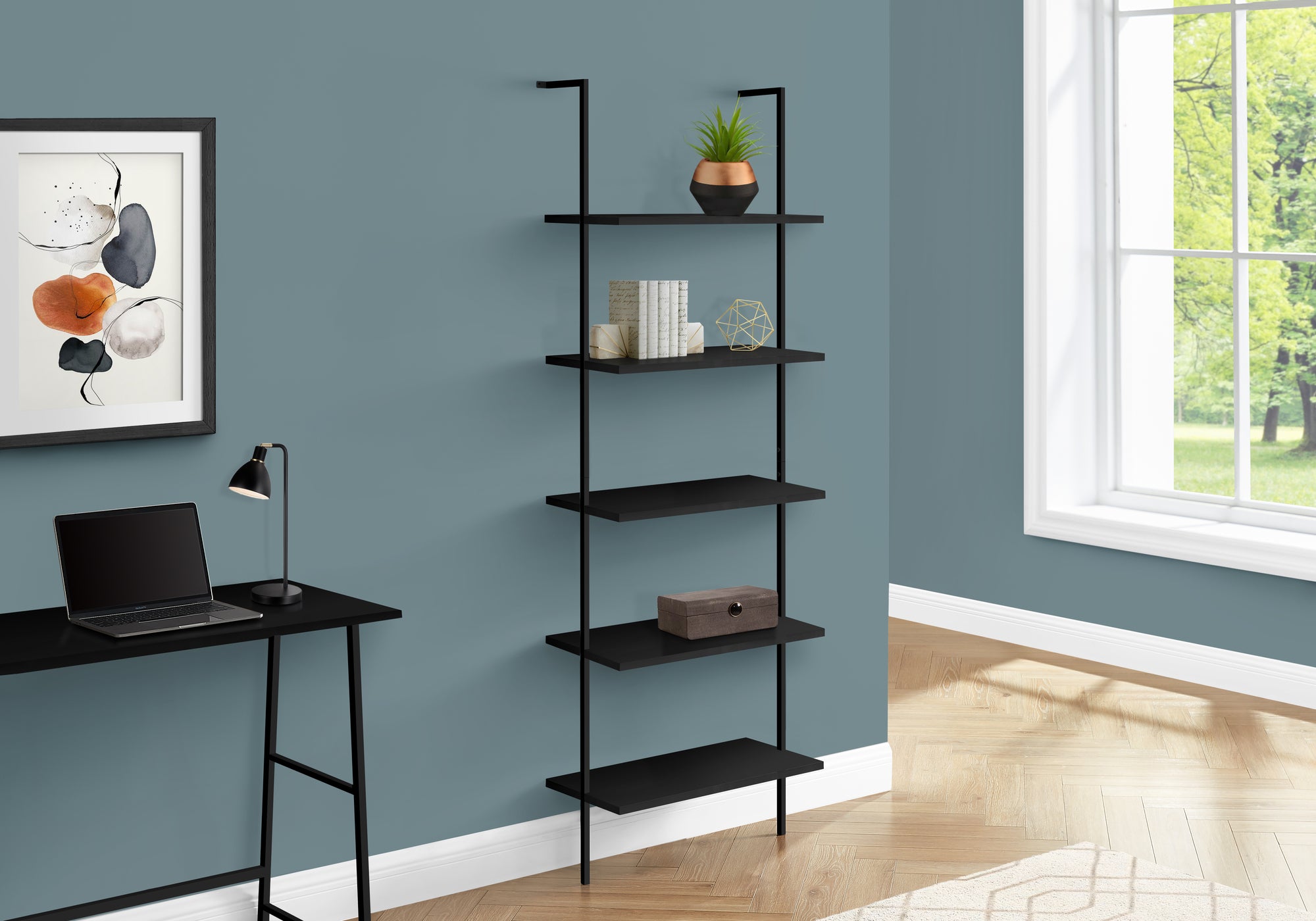 Davet - Bookshelf Bookcase Etagere Ladder 5 Tier 72"H Office Bedroom Black