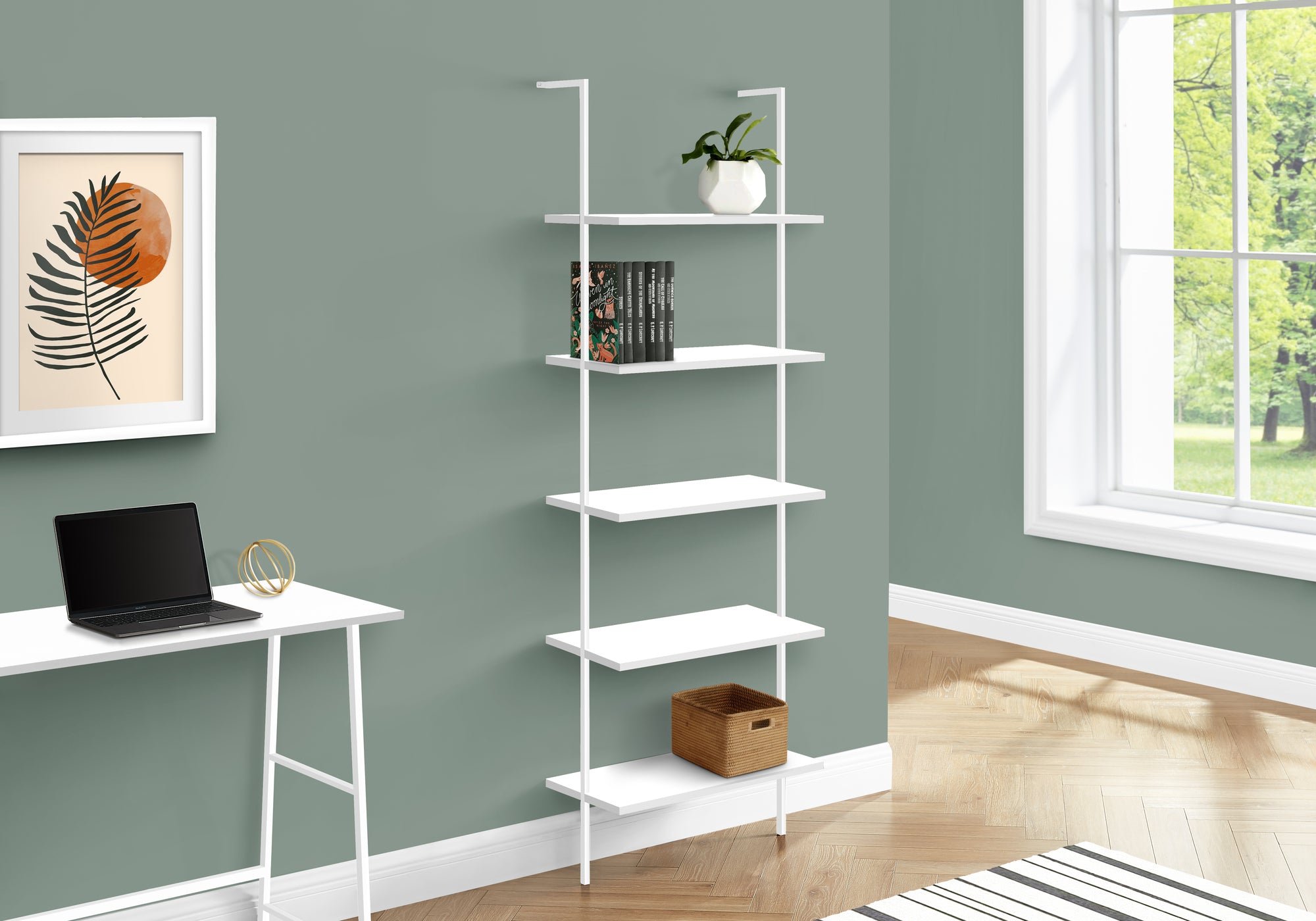 Tomasso - Bookshelf Bookcase Etagere Ladder 5 Tier 72"H Office Bedroom White
