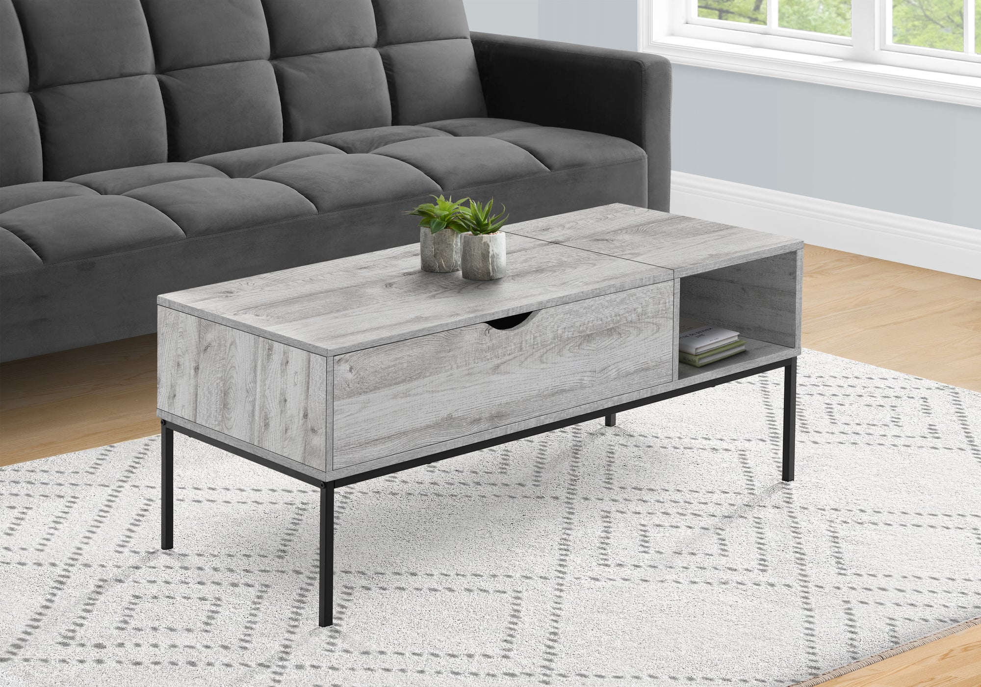 Eira - Coffee Table 42" L Rectangular Cocktail Lift-top Grey Black Metal