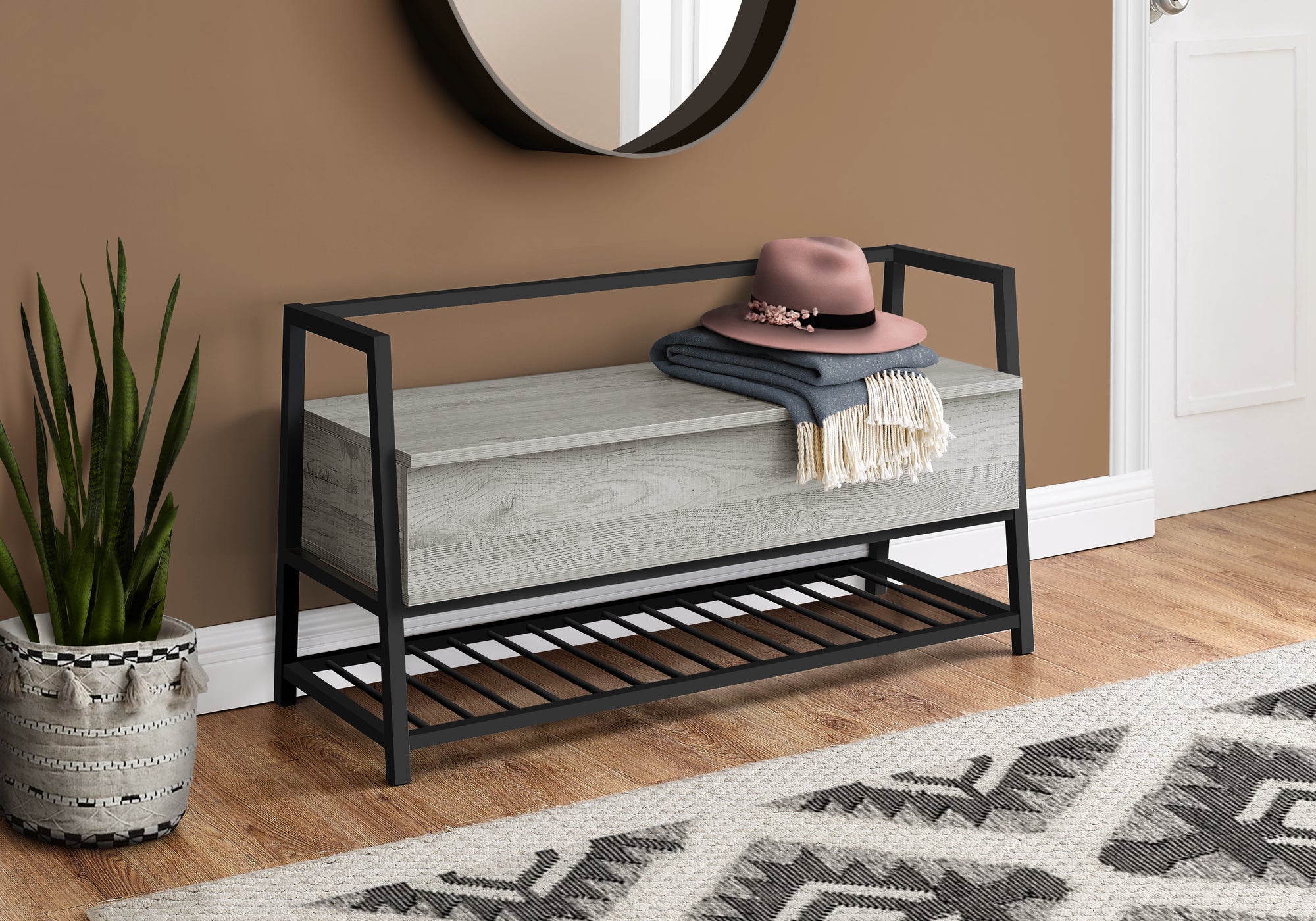 Laima - Bench Entryway Hallway Storage 42" Rectangular Grey Laminate Black Metal