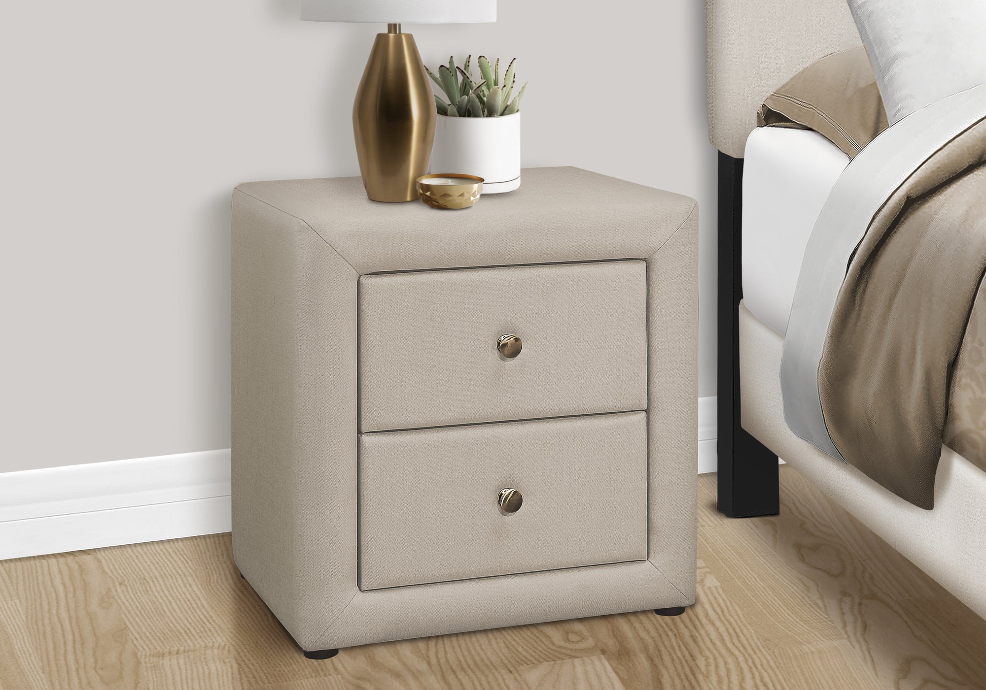 Alke - Nightstand Nightstand End Side Lamp Storage Drawer Bedroom Upholstered Beige