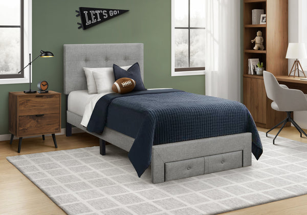 Bed, Twin Size, Platform Bed, Upholstered, Juvenile, Storage Drawers, Frame Only, Bedroom, Grey Linen Look, Transitional