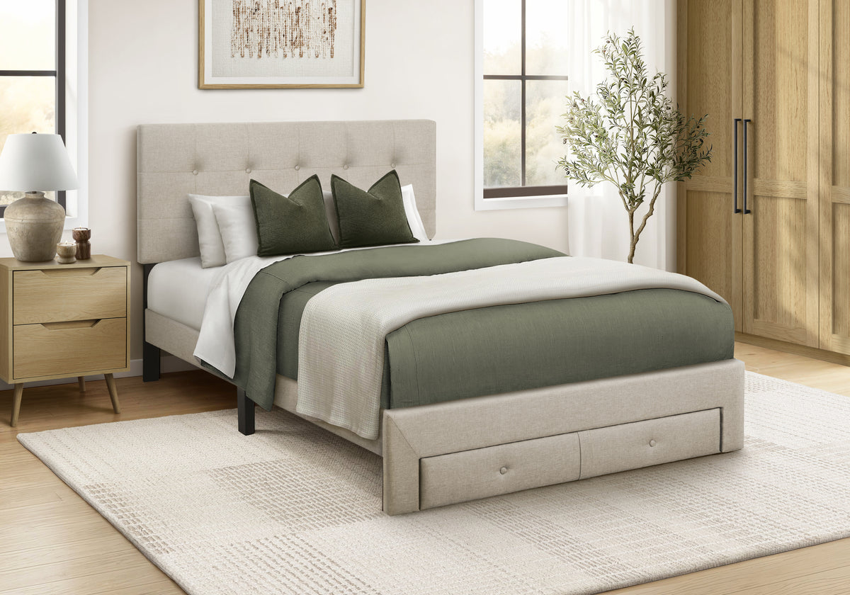 Bed, Full Size, Platform Bed, Upholstered, Storage Drawers, Bedroom, Juvenile, Beige Linen Look, Transitional