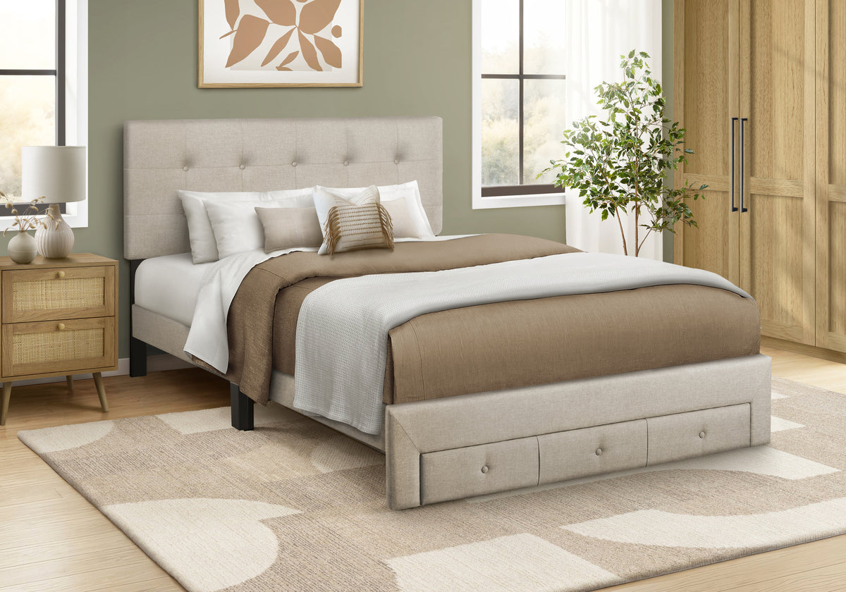 Bed, Queen Size, Platform Bed, Storage Drawers, Upholstered, Frame Only, Bedroom, Beige Linen Look, Transitional