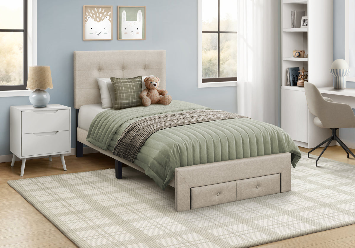 Bed, Twin Size, Platform Bed, Upholstered, Juvenile, Storage Drawers, Frame Only, Bedroom, Beige Linen Look, Transitional
