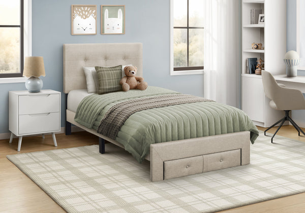 Bed, Twin Size, Platform Bed, Upholstered, Juvenile, Storage Drawers, Frame Only, Bedroom, Beige Linen Look, Transitional