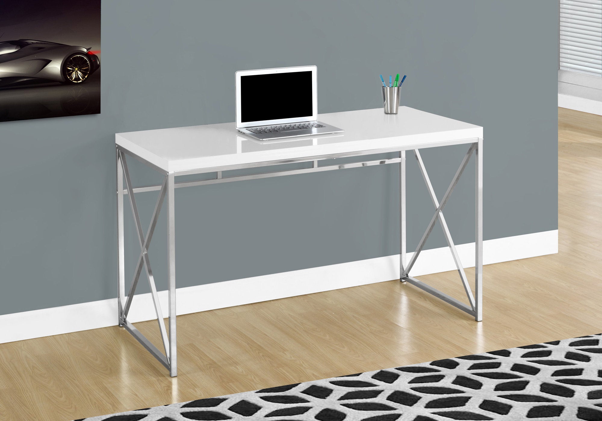 Tricia - Computer Desk Home Office Laptop Work Glossy White Laminate Chrome