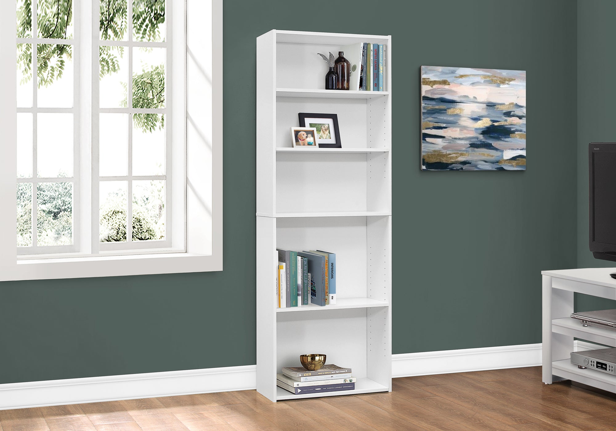 Saki - Bookshelf Bookcase 6 Tier 72"H Office Bedroom White Laminate Transitional