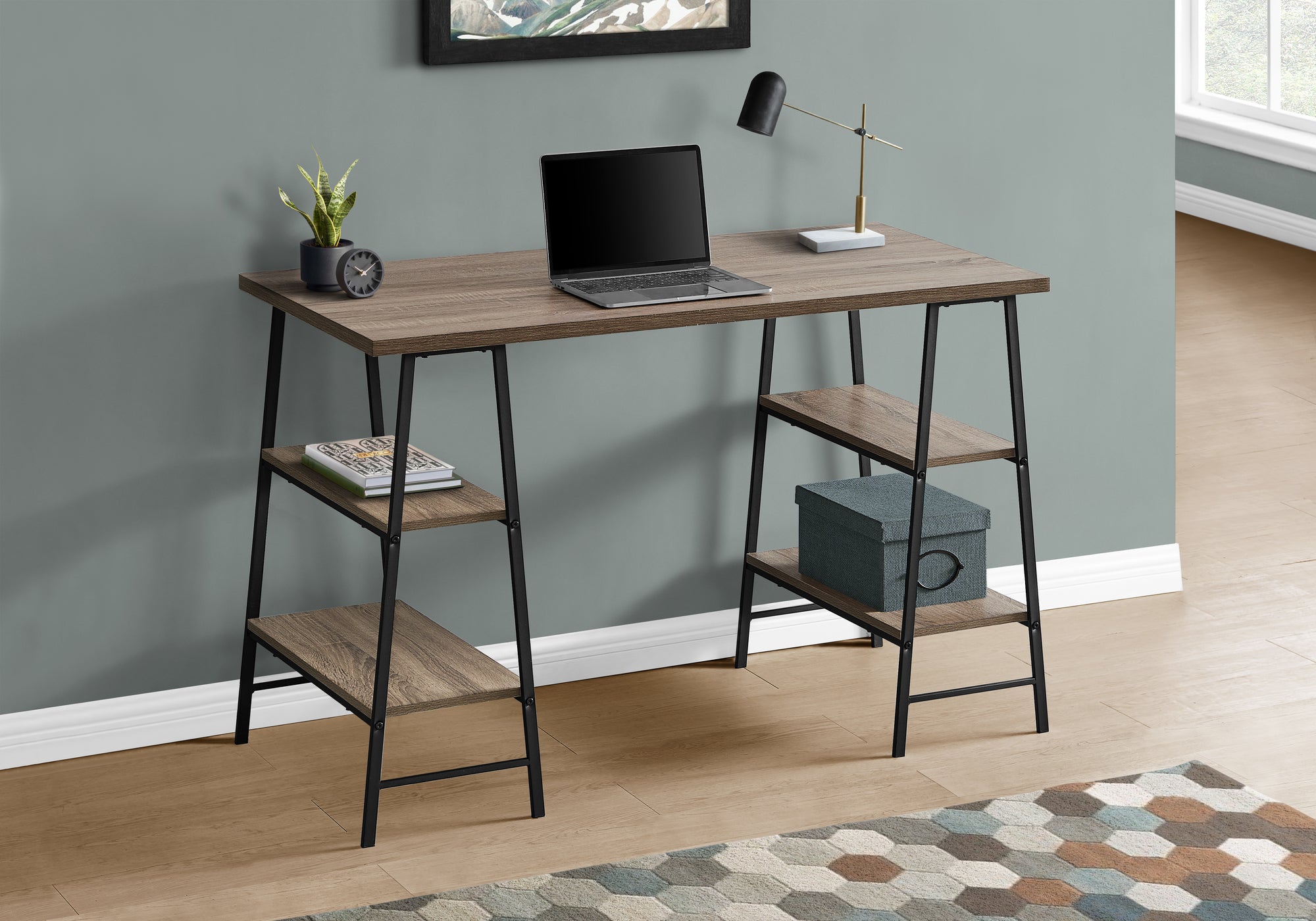 Michigan - Computer Desk Home Office Laptop Storage Shelves 48"L Work Brown
