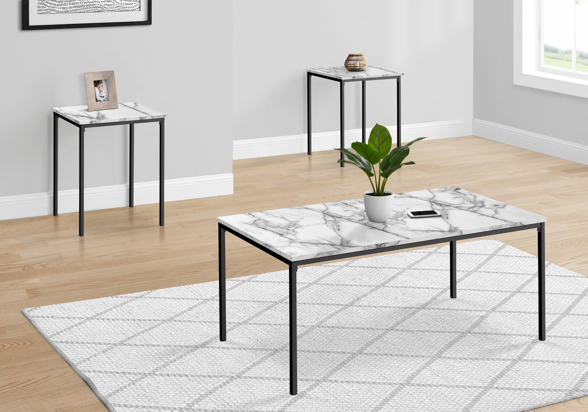 Rinjani - Table Set 3pcs Set Coffee End Black Metal White Marble
