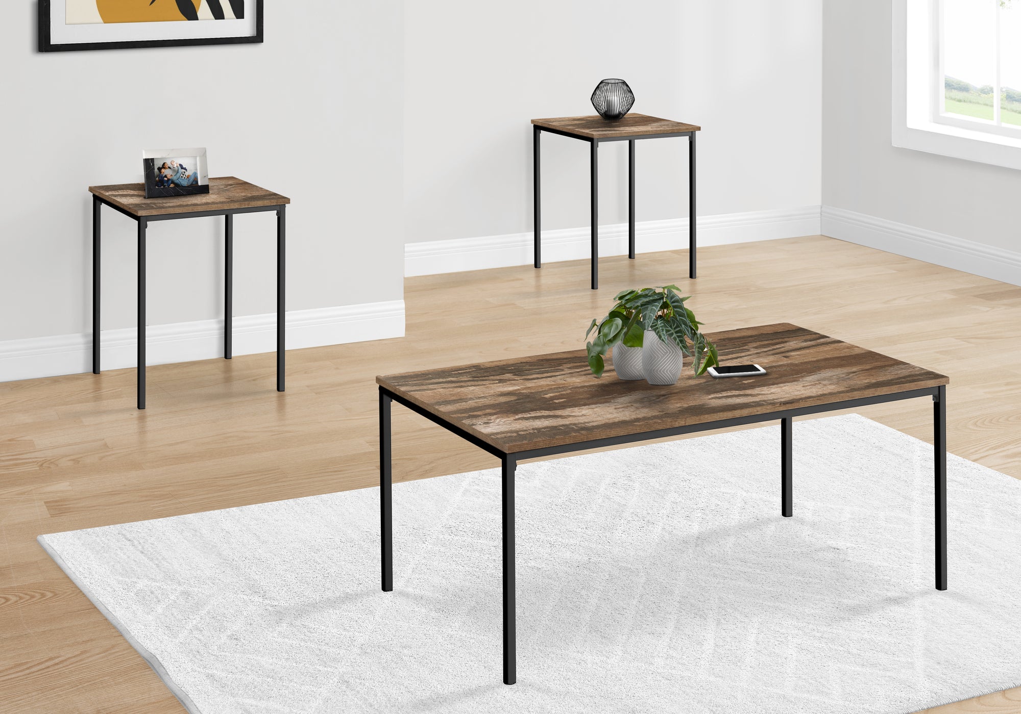 Sakura - Table Set 3pcs Set Coffee End Black Metal Brown Reclaimed