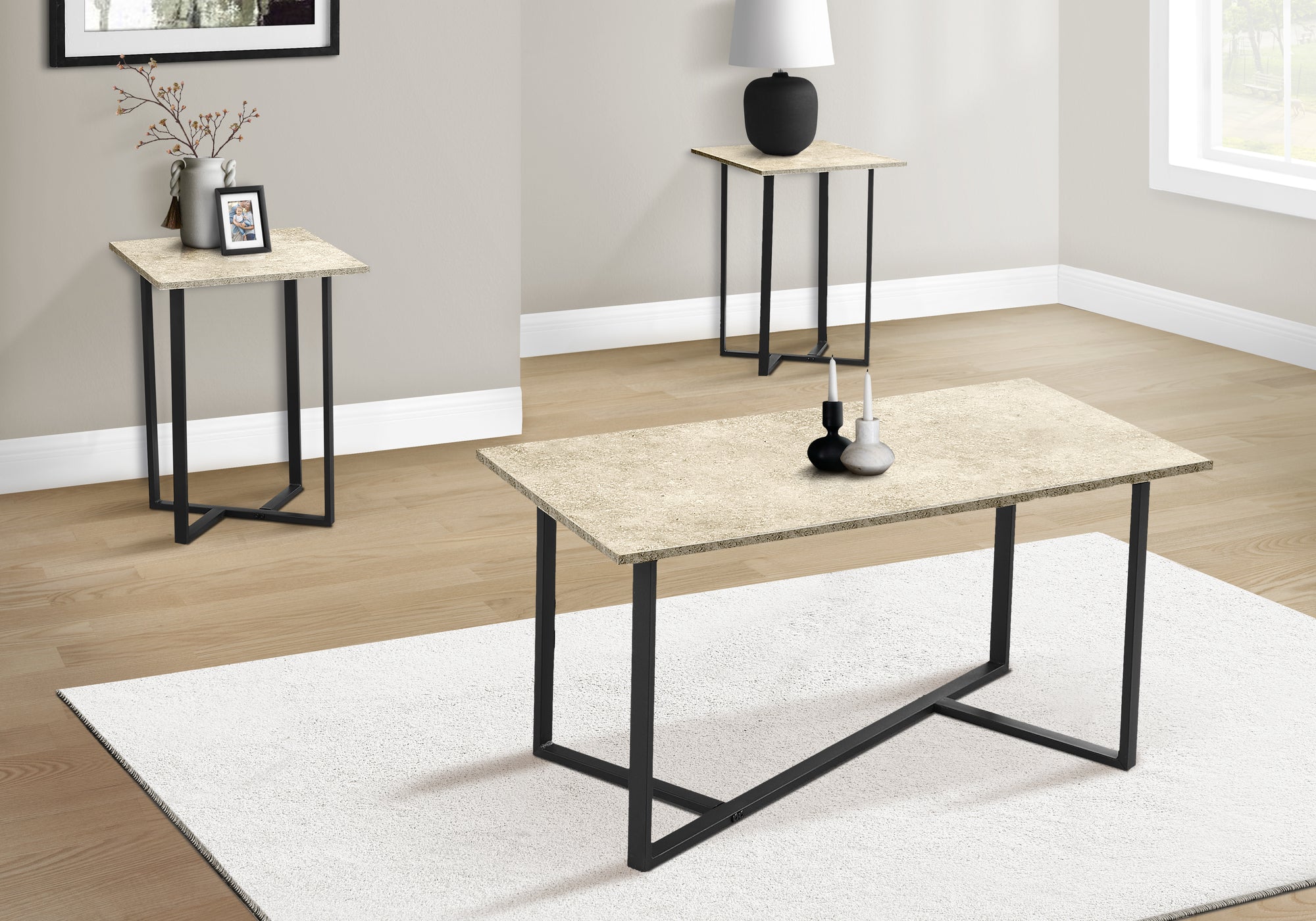 Racquel - Table Set 3pcs Set Coffee End Living Room Cream Stone