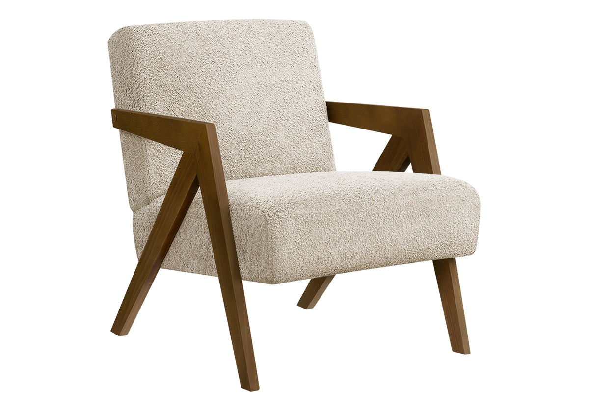 Accent Chair, 30"H, Upholstered, Living Room, Bedroom, Cream Fabric, Brown Walnut Solid Wood, Modern, Mid Century