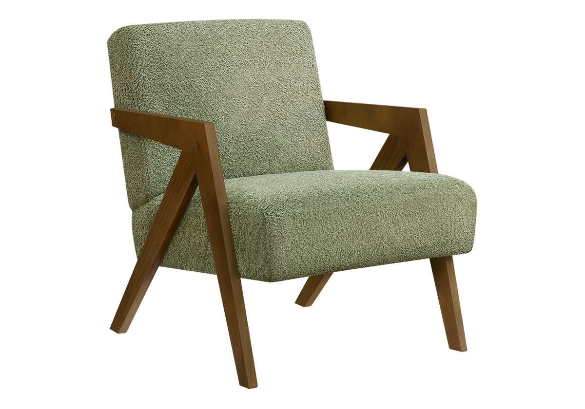 Accent Chair, 30"H, 23.75"W x 31.75"D, Upholstered, Living Room, Bedroom, Green Fabric, Brown Walnut Solid Wood, Modern, Mid Century