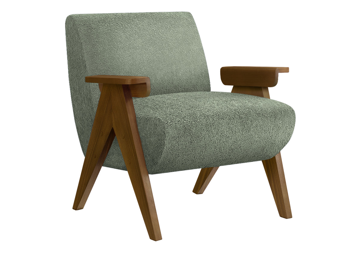 Accent Chair, 31"H, Upholstered, Living Room, Bedroom, Green Fabric, Brown Walnut Solid Wood, Modern, Mid Century