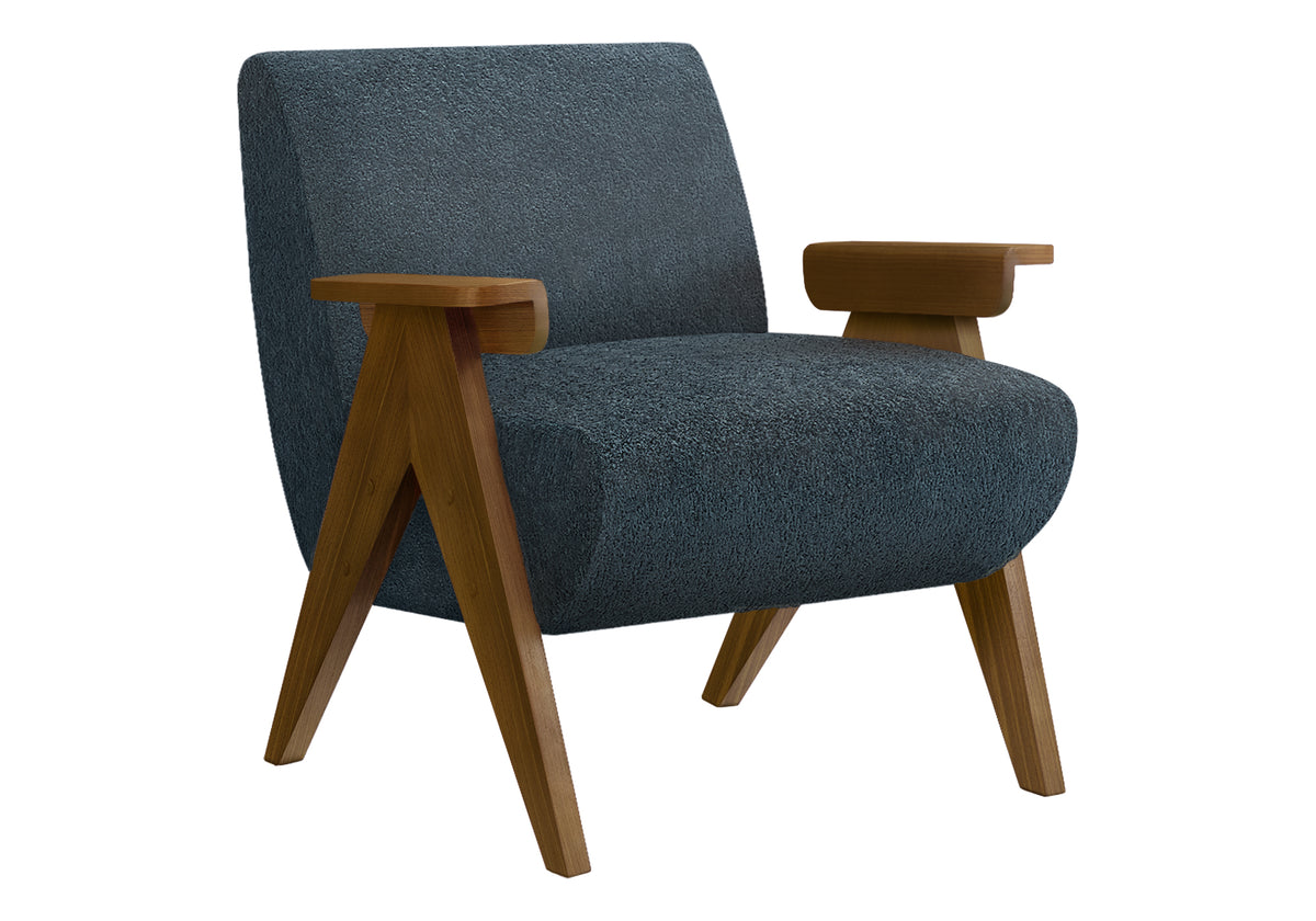 Accent Chair, 31"H, 26.5"W x 30"D, Upholstered, Living Room, Bedroom, Blue Fabric, Brown Walnut Solid Wood, Modern, Mid Century