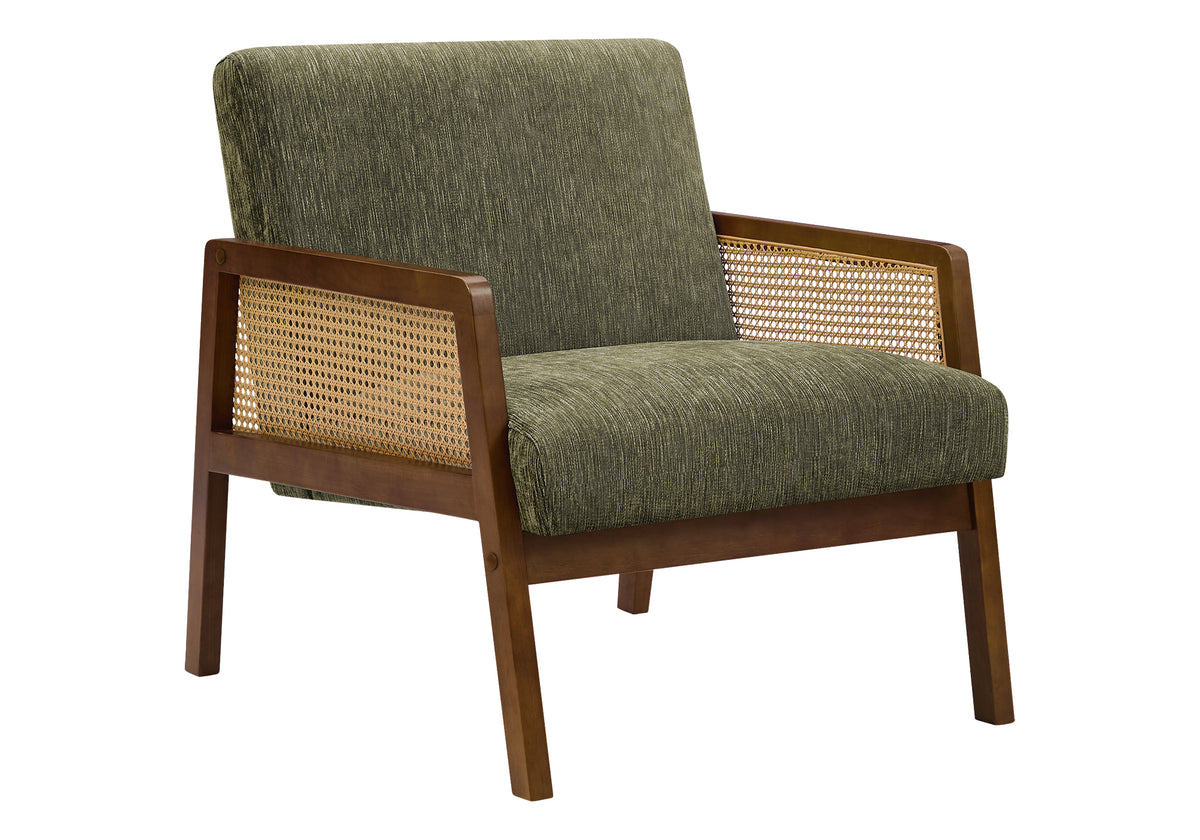 Accent Chair, 30"H, 27.5"W x 30.5"D, Upholstered, Living Room, Bedroom, Green Fabric, Brown Walnut Solid Wood, Modern, Mid Century