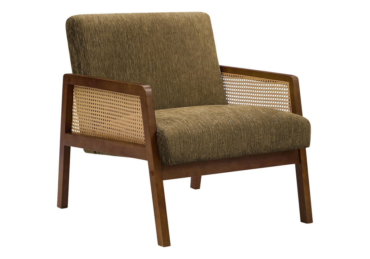 Accent Chair, 30"H, Upholstered, Living Room, Bedroom, Brown Fabric, Brown Walnut Solid Wood, Modern, Mid Century