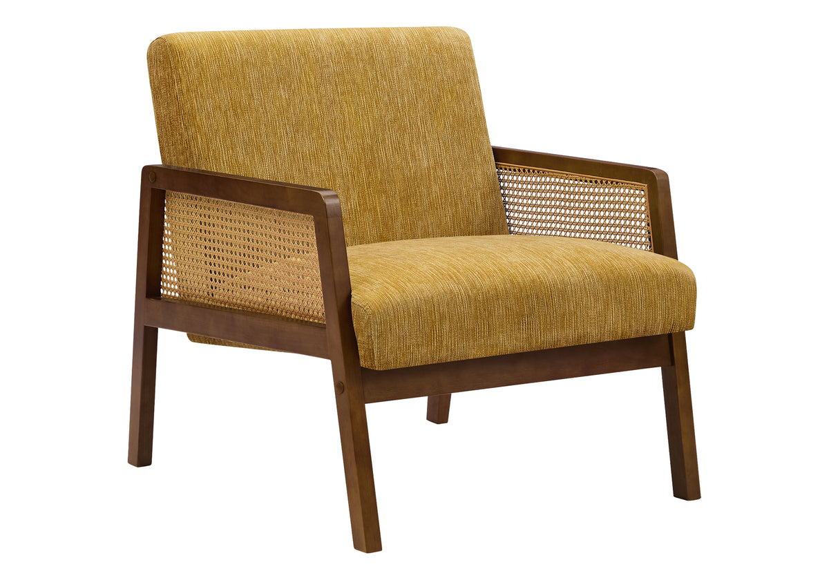 Accent Chair, 30"H, Upholstered, Living Room, Bedroom, Gold Fabric, Brown Walnut Solid Wood, Modern, Mid Century