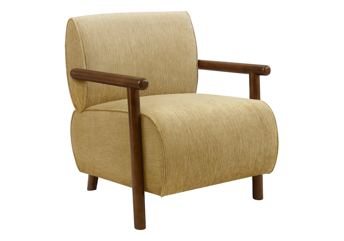 Accent Chair, 31"H, Upholstered, Living Room, Bedroom, Gold Fabric, Brown Walnut Solid Wood, Modern, Mid Century