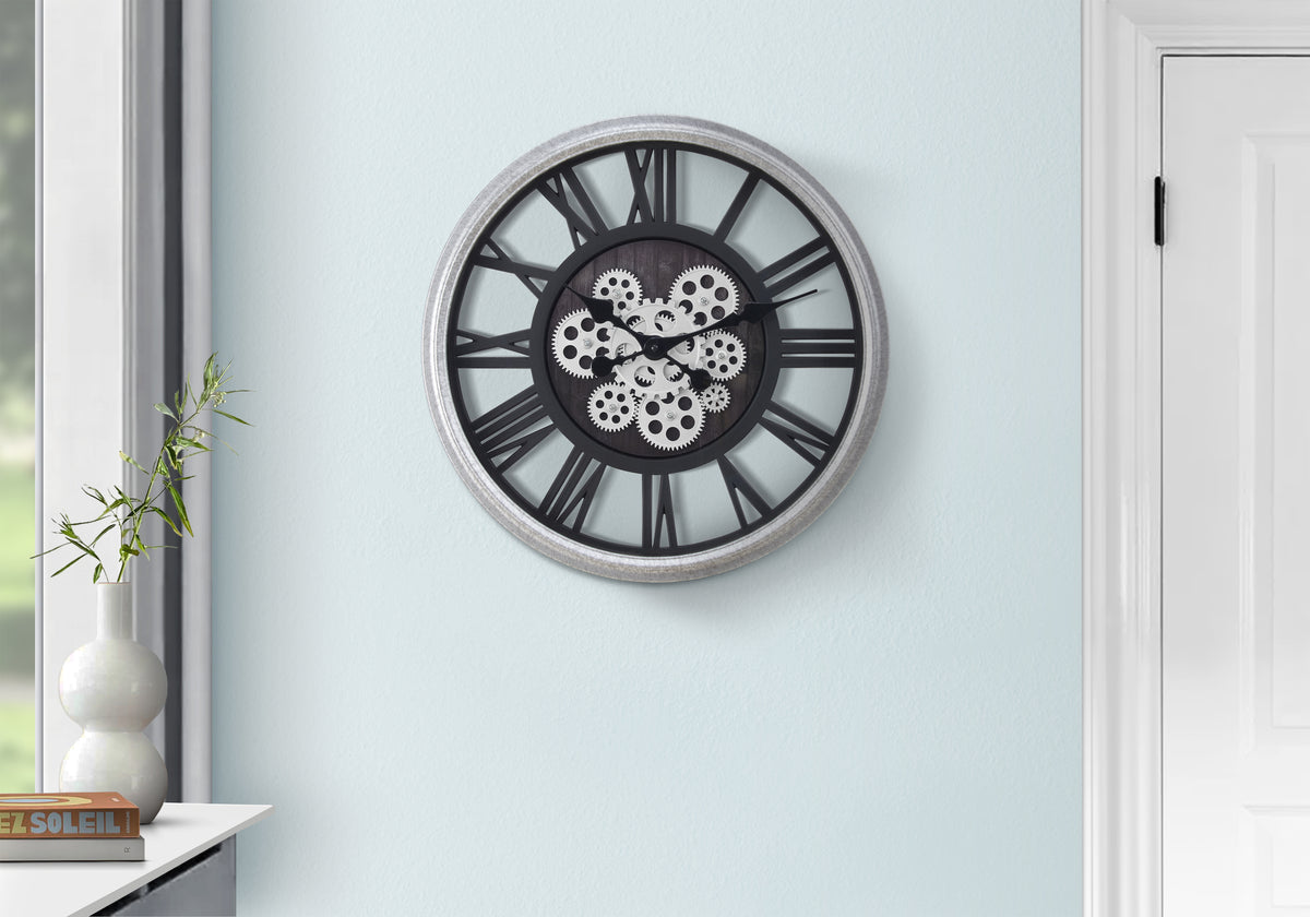 Lovella - Clocks 20" Round Gear Mechanism Wall Clock Black Silver Transitional