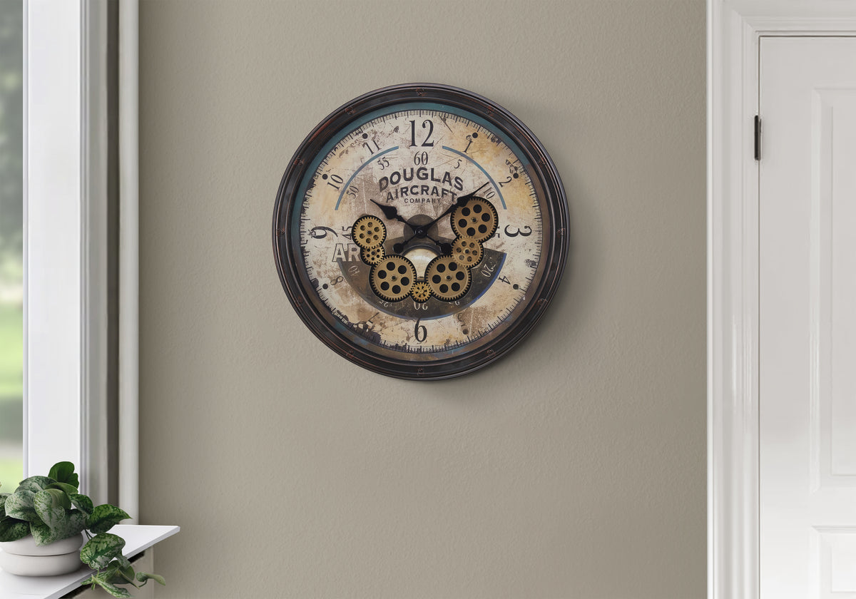 Marlette - Clocks 20" Round Gear Mechanism Wall Clock Brown Transitional