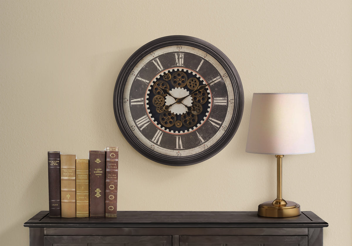 Richardson - Clocks 23" Round Gear Mechanism Wall Clock Brown Transitional