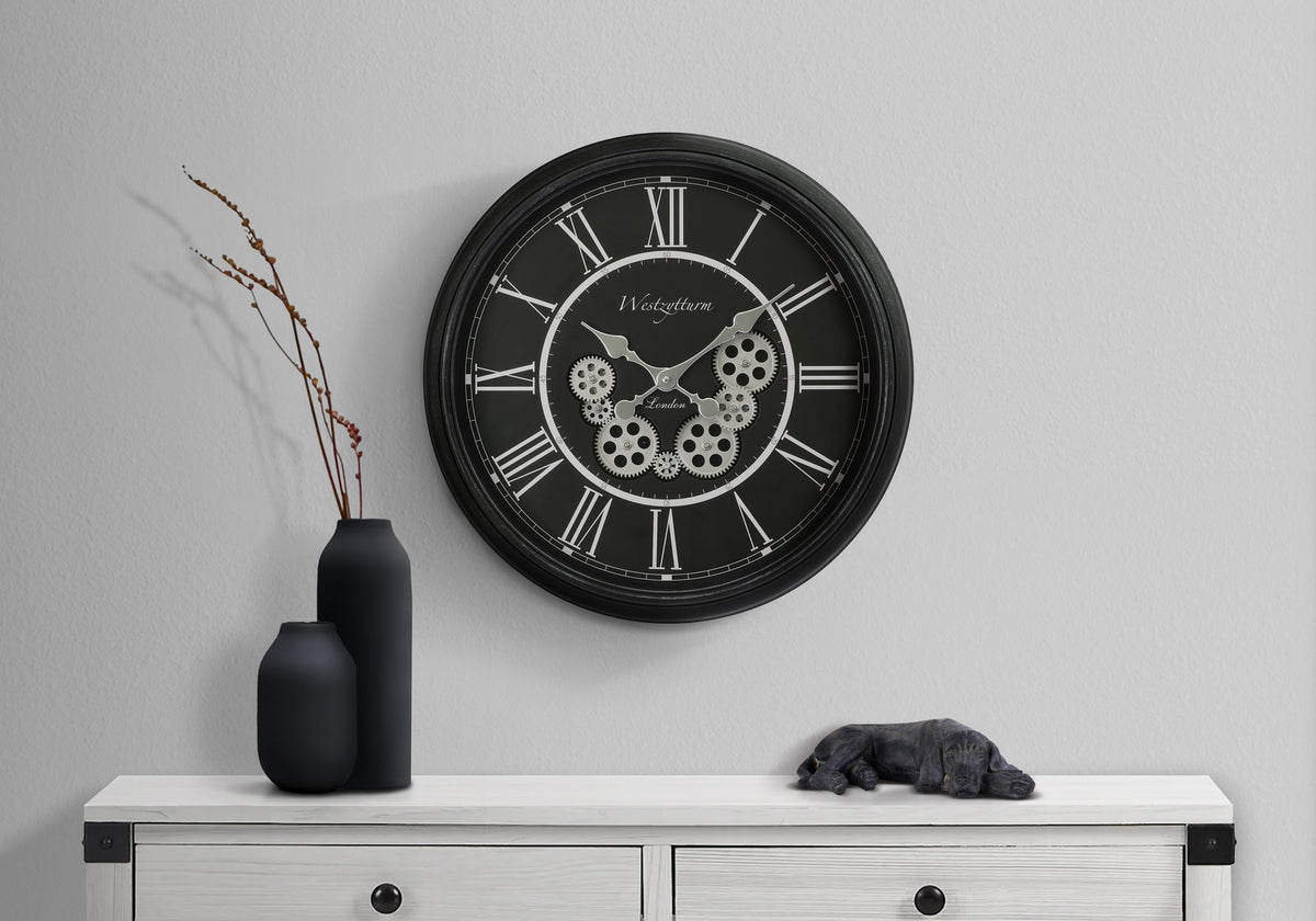Savion - Clocks 23" Round Gear Mechanism Wall Clock Black Transitional