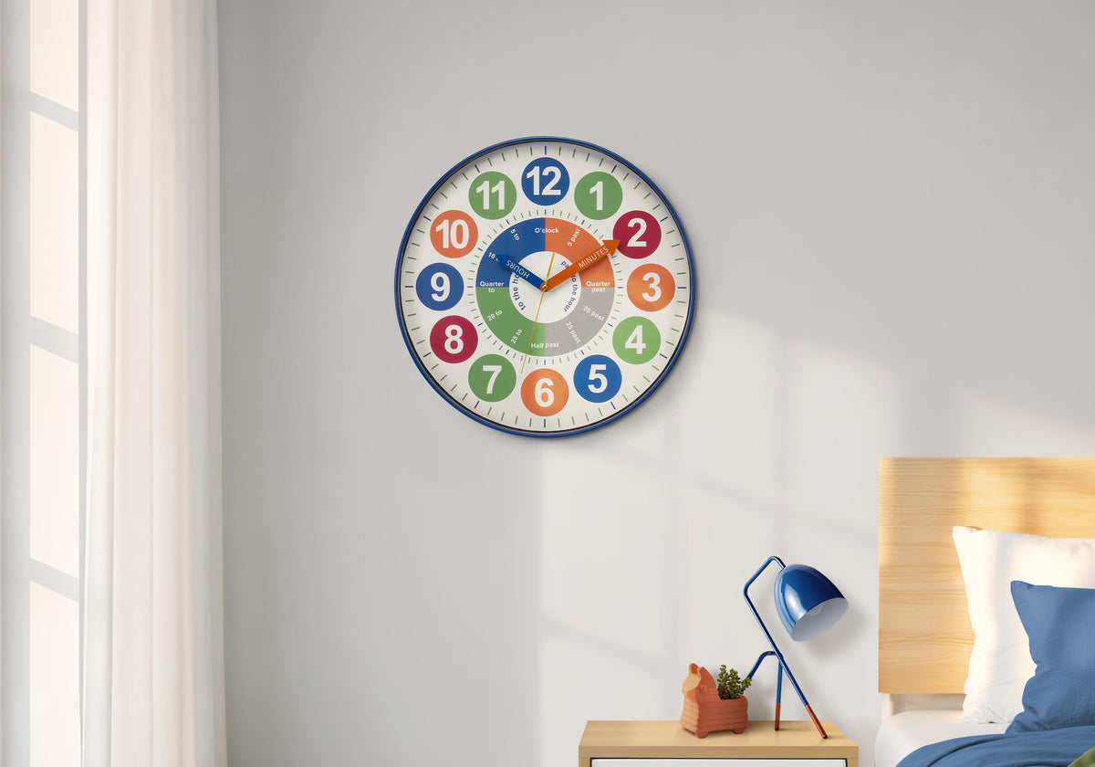 Emine - Clocks 18" Round Juvenile Wall Clock Multi-colored Face Blue Frame