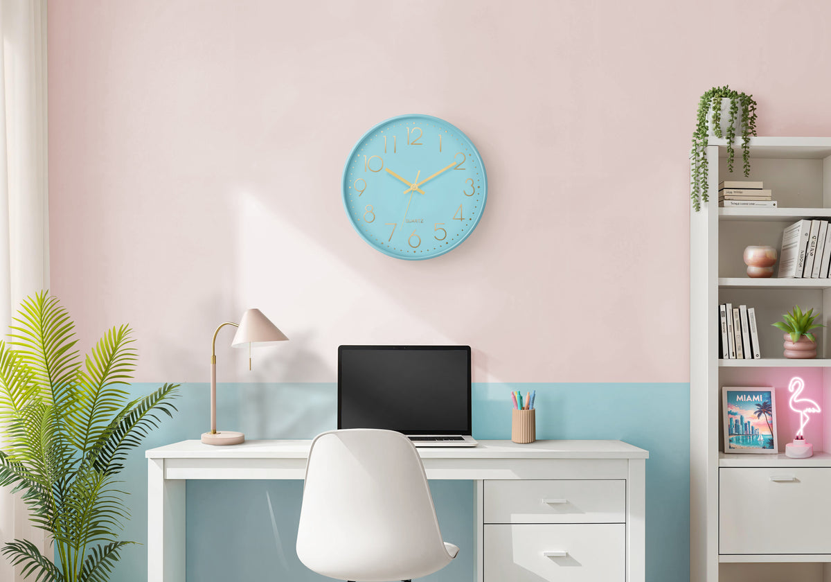 Abelia - Clocks 12" Round Wall Clock Blue Face Blue Frame Contemporary