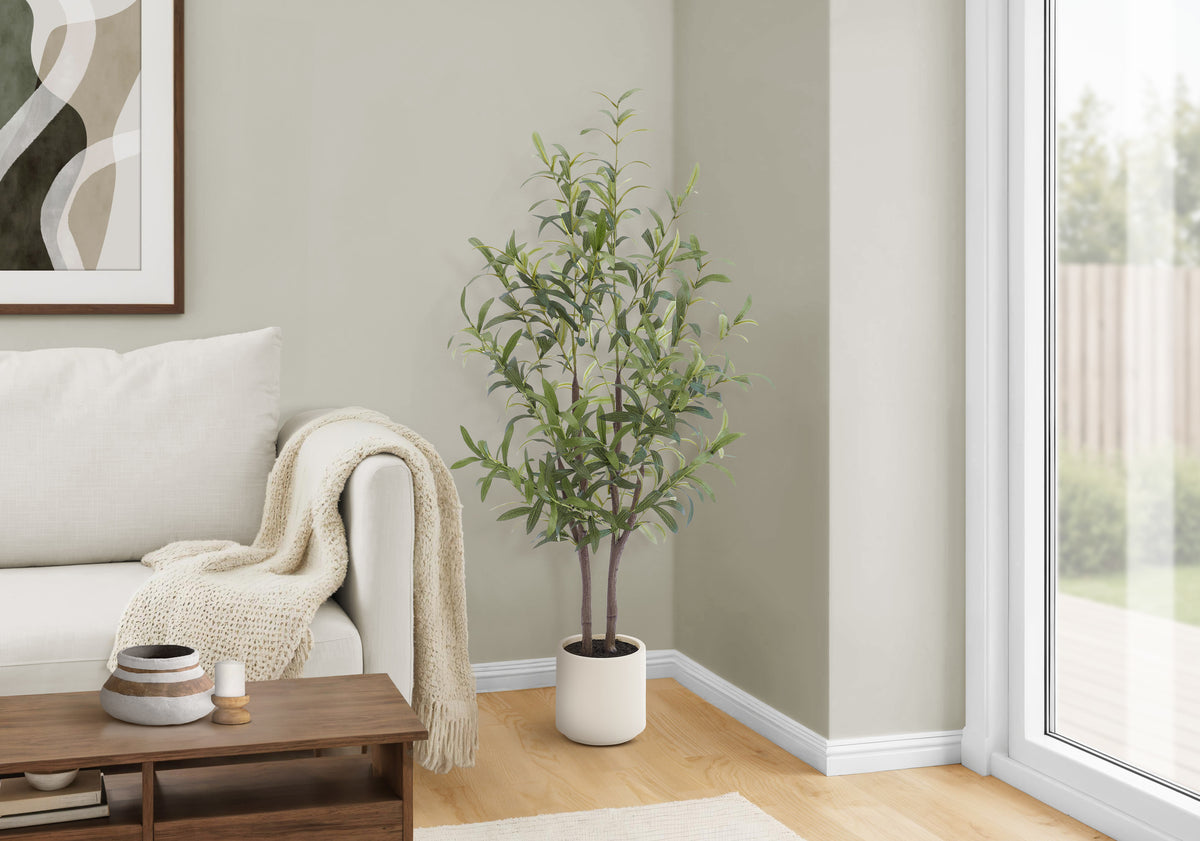 Artificial Plant, Olive Tree, 44"" Tall, Floor, Decorative, Indoor, Fake, Faux, Real Touch, Potted, Beige Pot, Contemporary, Modern